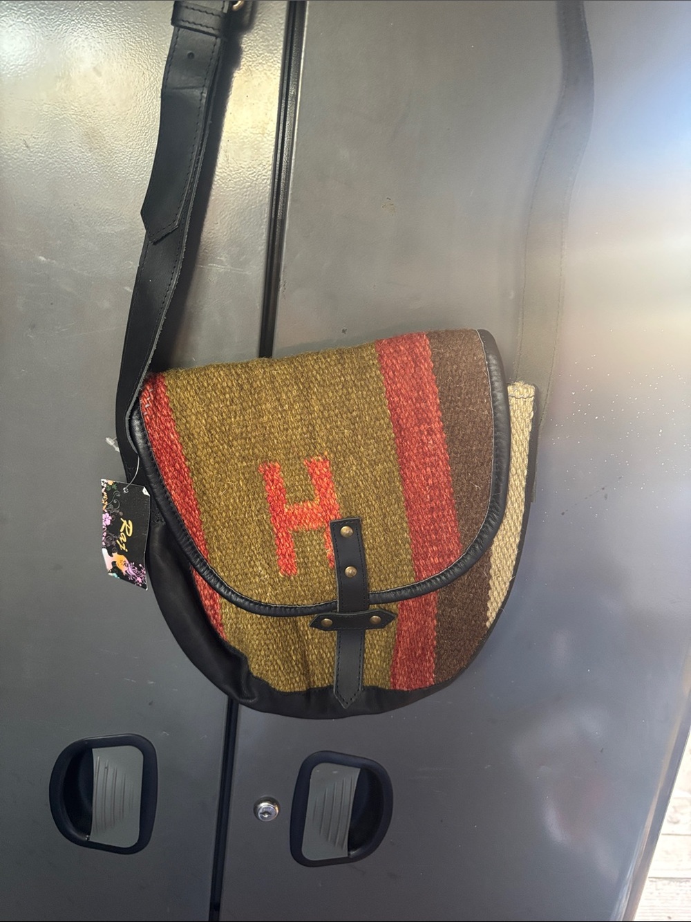 Raj Woolen /Leather Stripe Crossbody Shoulder Bag in Olive, Red & Brown